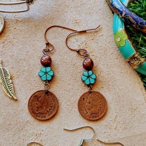 Sale ANTIQUE Handmade Turquoise Flower Indian Head Penny French Hook Earrings
